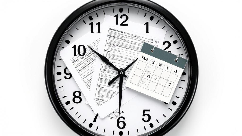 A clock face overlaid with tax documents and a calendar, symbolizing the timeline for tax return processing.
