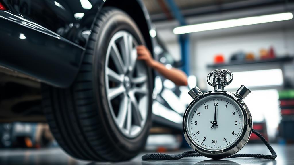 A mechanic swiftly changing a car tire in a well-equipped garage, with a stopwatch in the foreground to emphasize time efficiency.
