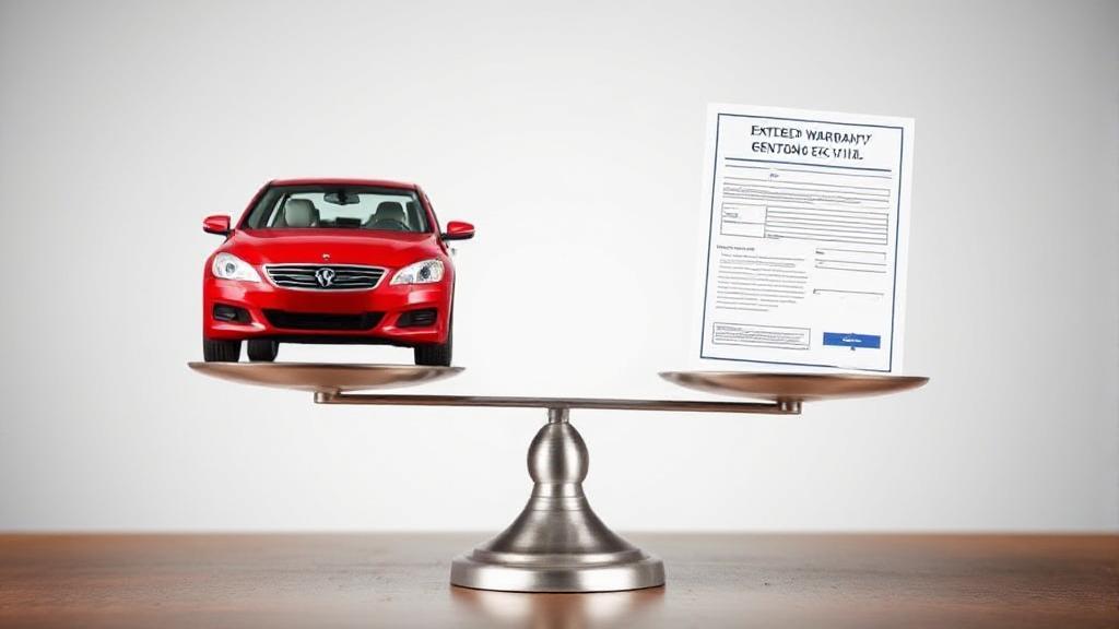 A balanced scale with a used car on one side and an extended warranty contract on the other, symbolizing the decision-making process.