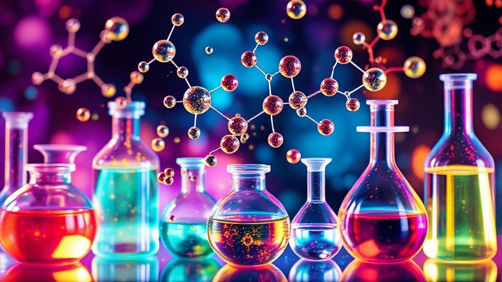 A vibrant, abstract depiction of molecular structures and laboratory equipment symbolizing the synthesis and study of ketamine.