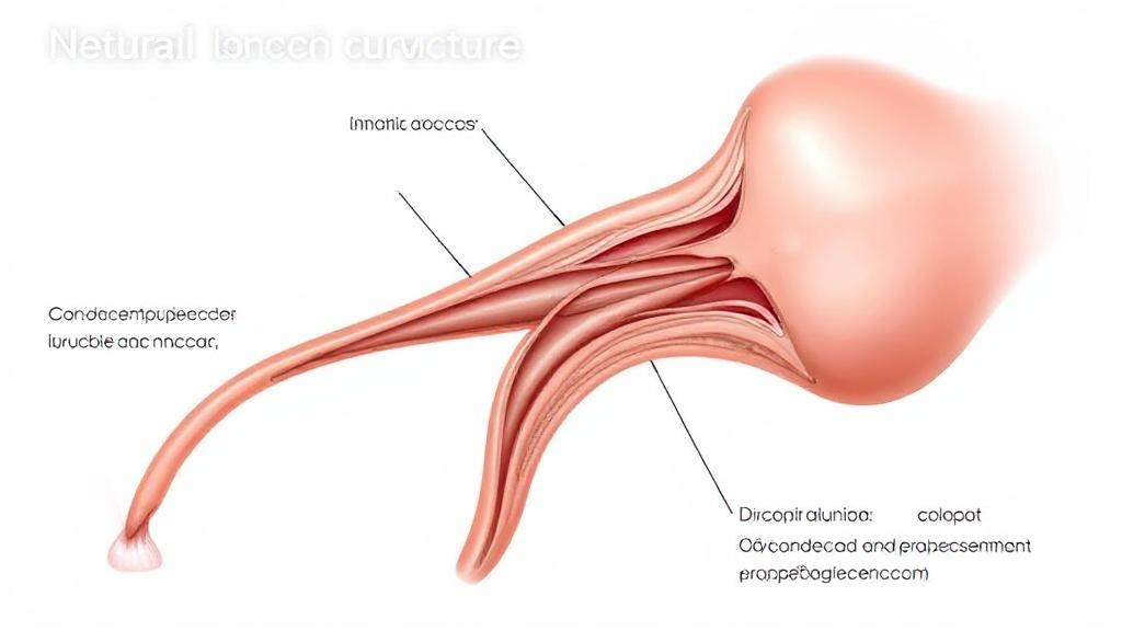 A medical illustration depicting the natural curvature of a penis, highlighting anatomical structures and potential causes of curvature.
