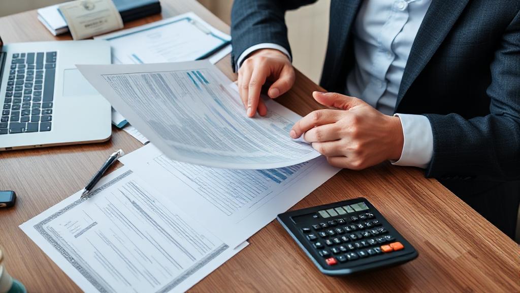 A professional accountant reviewing financial documents at a desk, surrounded by a calculator, laptop, and certification materials.