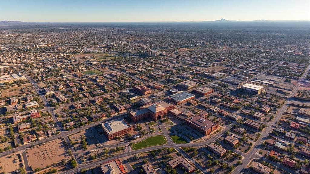 Aerial view of Grand Canyon University's sprawling campus set against the backdrop of Phoenix, Arizona's urban landscape.