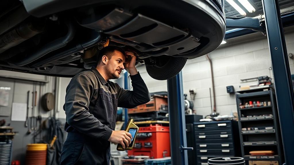 A mechanic efficiently changing oil under a car in a well-lit garage, surrounded by tools and equipment.
